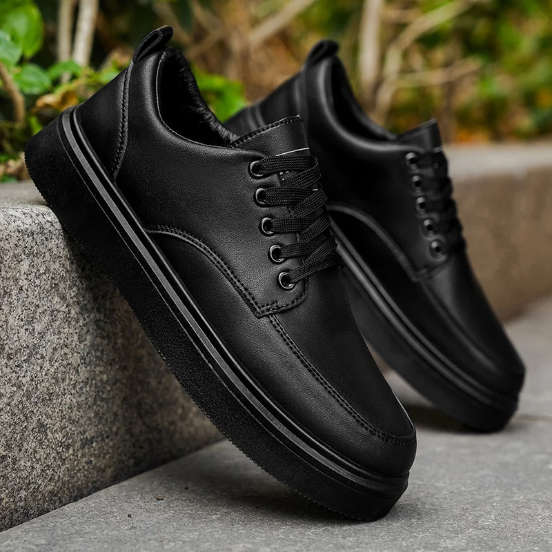 Men's Minimalist Leather Sneakers - LOEIKAN Thick Sole Casual Walking Shoes