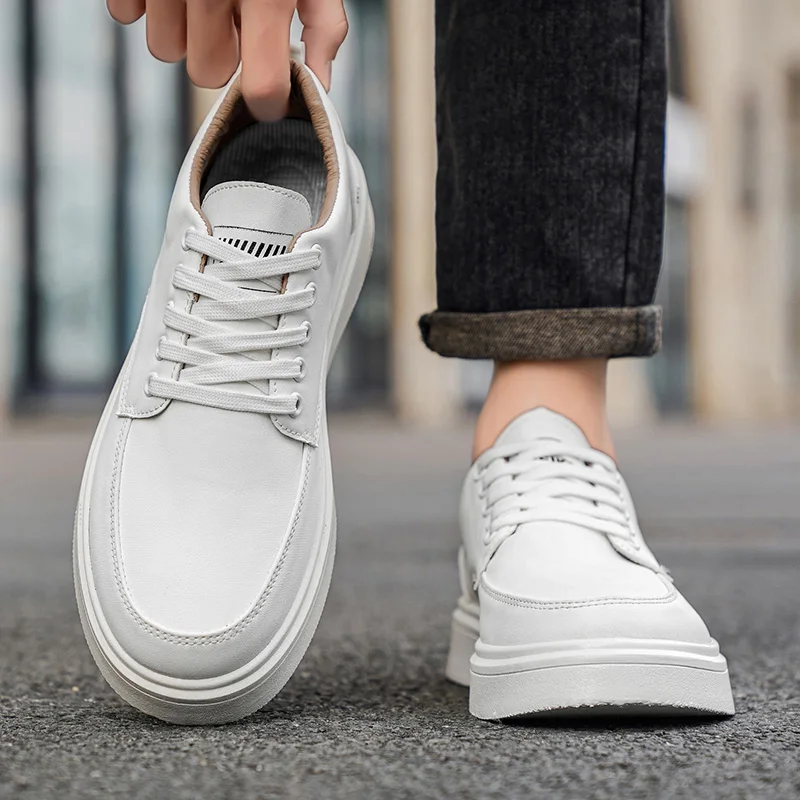 Men's Minimalist Leather Sneakers - LOEIKAN Thick Sole Casual Walking Shoes