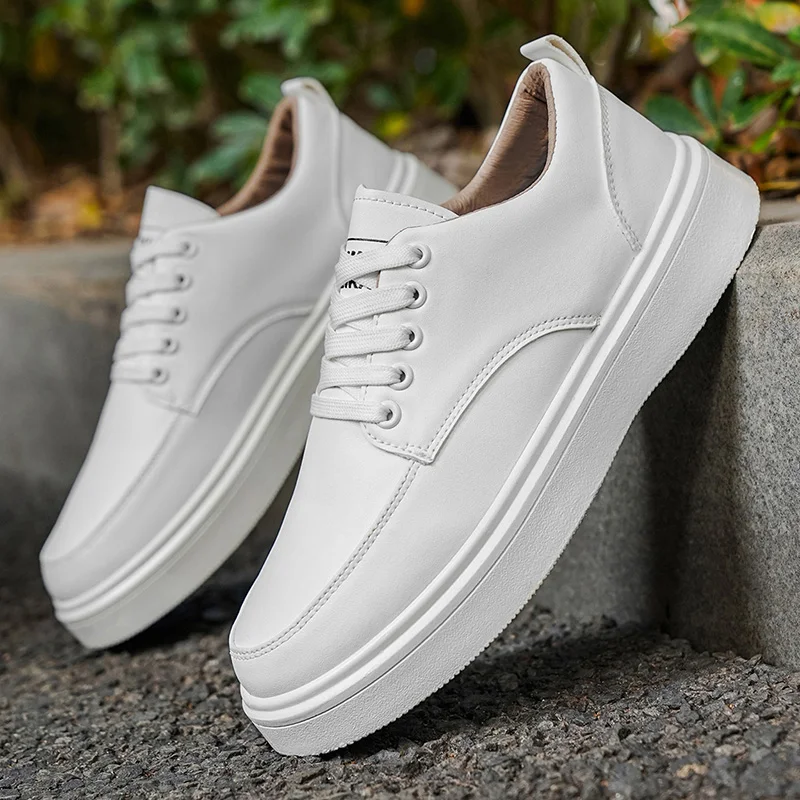 Men's Minimalist Leather Sneakers - LOEIKAN Thick Sole Casual Walking Shoes