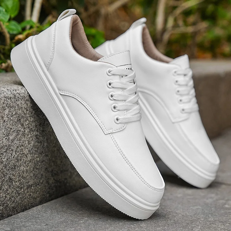Men's Minimalist Leather Sneakers - LOEIKAN Thick Sole Casual Walking Shoes