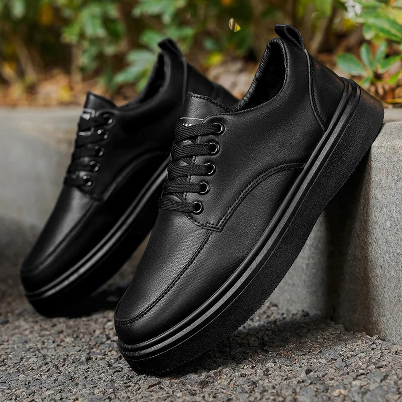 Men's Minimalist Leather Sneakers - LOEIKAN Thick Sole Casual Walking Shoes