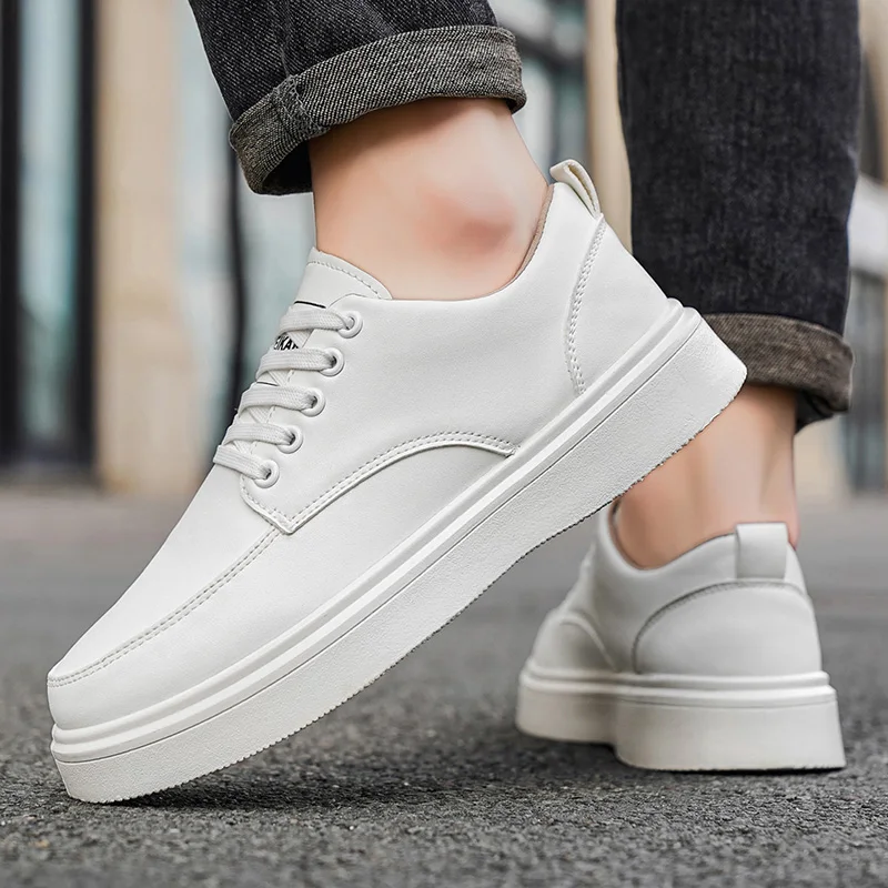 Men's Minimalist Leather Sneakers - LOEIKAN Thick Sole Casual Walking Shoes