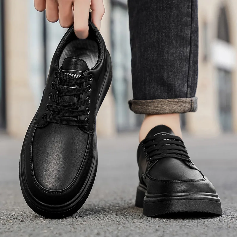 Men's Minimalist Leather Sneakers - LOEIKAN Thick Sole Casual Walking Shoes