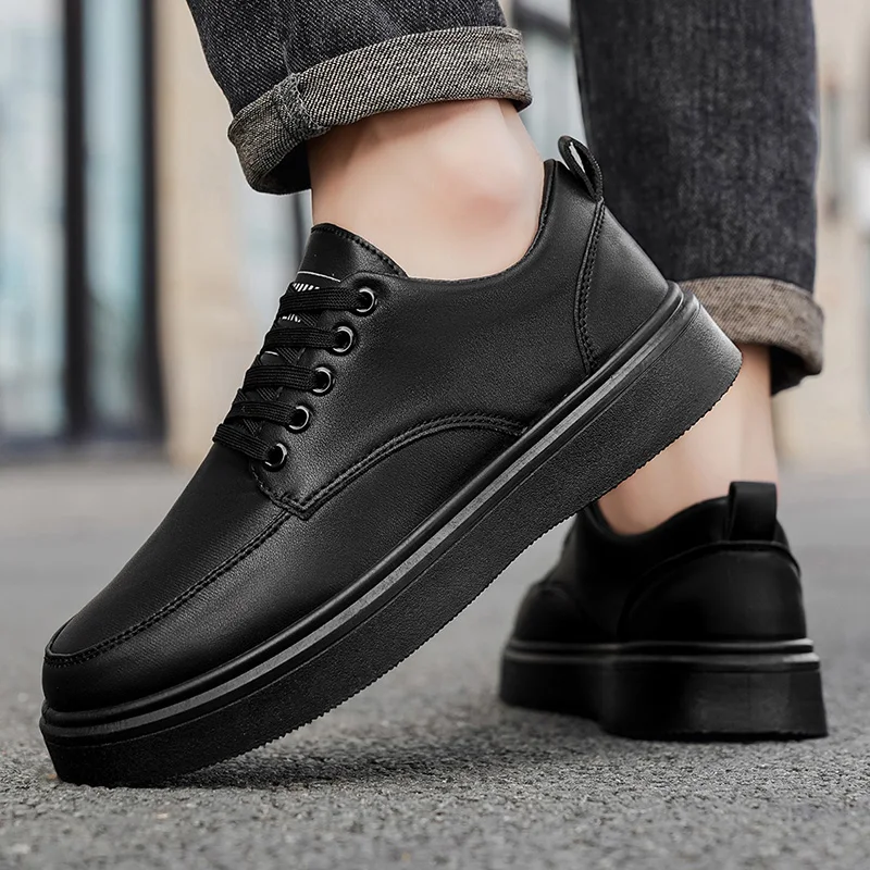 Men's Minimalist Leather Sneakers - LOEIKAN Thick Sole Casual Walking Shoes