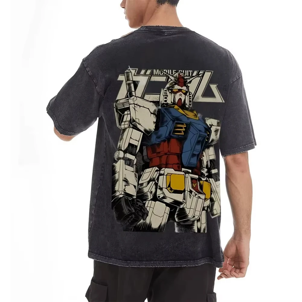 2026 Gundam Anime Printed T-shirt Men's and Women's Washed T-shirt High Quality Vintage Cotton T-shirt Harajuku Y2K Tops