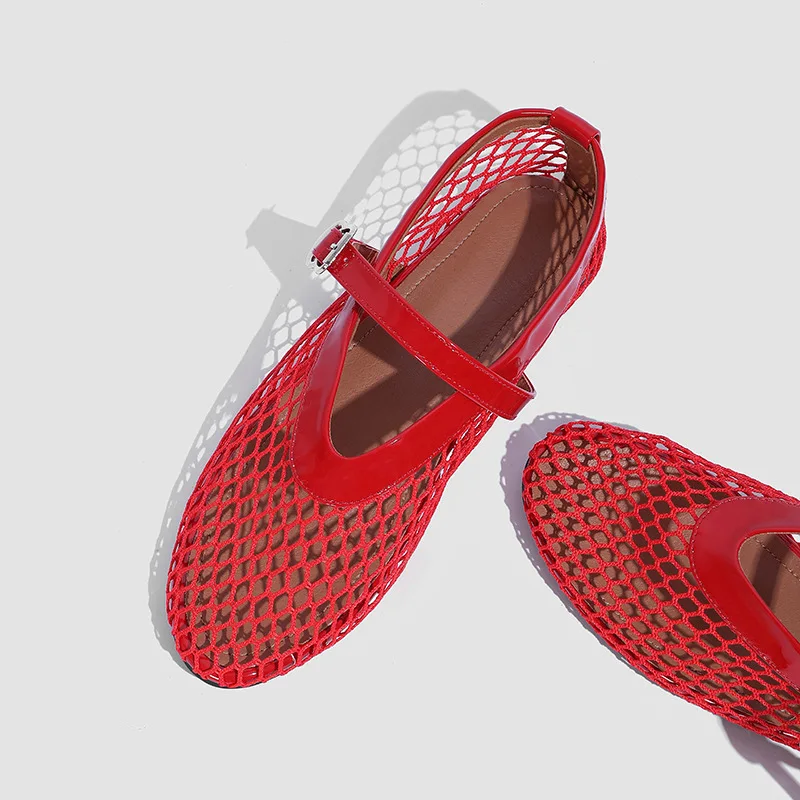 2026 New Fashion Fishnet Mary Jane Flats Women Black Breathable Mesh Sandals Ballet Shoes Flats Lady Casual Dress Shoes Summer