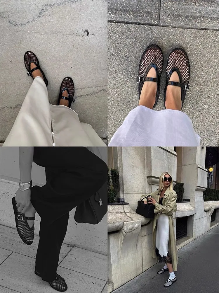 2026 New Fashion Fishnet Mary Jane Flats Women Black Breathable Mesh Sandals Ballet Shoes Flats Lady Casual Dress Shoes Summer