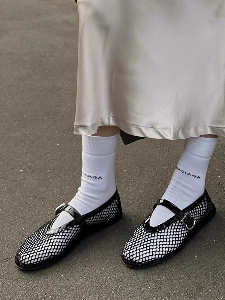 2026 New Fashion Fishnet Mary Jane Flats Women Black Breathable Mesh Sandals Ballet Shoes Flats Lady Casual Dress Shoes Summer