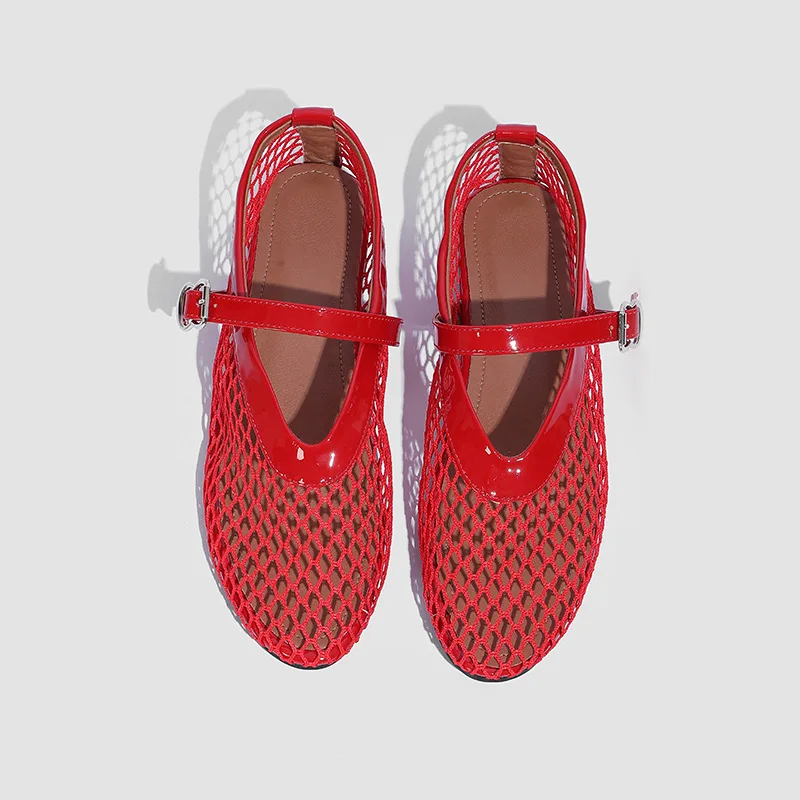 2026 New Fashion Fishnet Mary Jane Flats Women Black Breathable Mesh Sandals Ballet Shoes Flats Lady Casual Dress Shoes Summer
