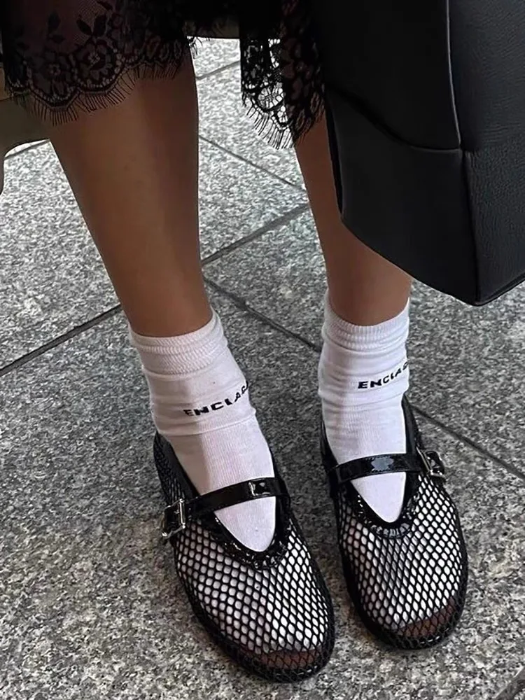 2026 New Fashion Fishnet Mary Jane Flats Women Black Breathable Mesh Sandals Ballet Shoes Flats Lady Casual Dress Shoes Summer