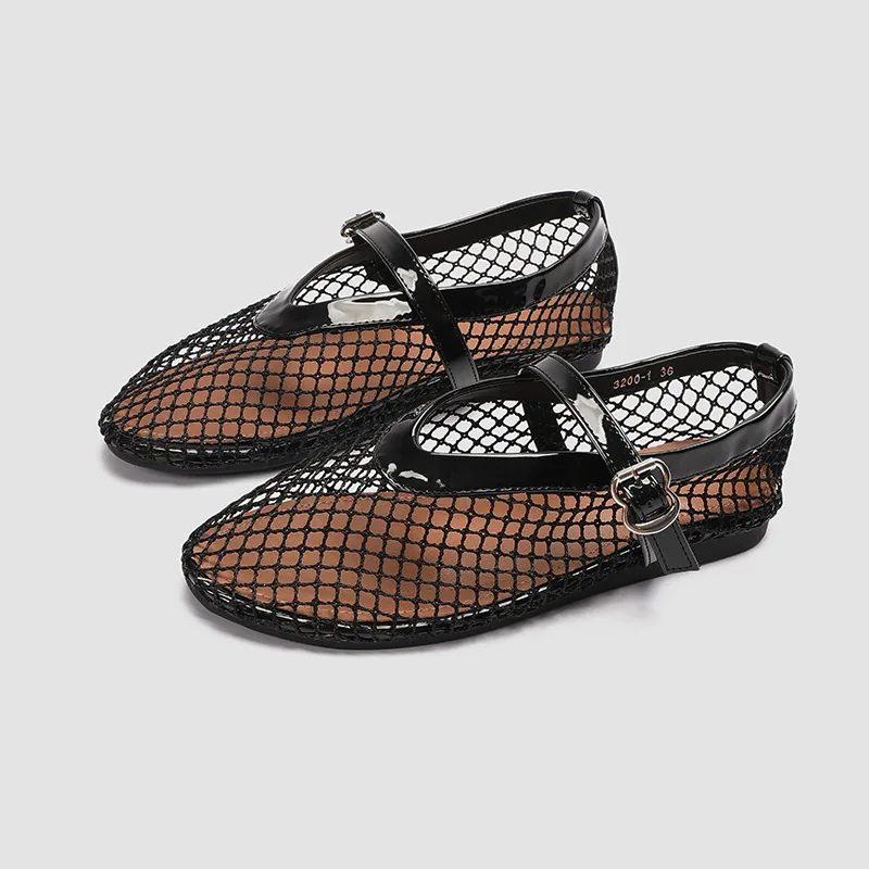 2026 New Fashion Fishnet Mary Jane Flats Women Black Breathable Mesh Sandals Ballet Shoes Flats Lady Casual Dress Shoes Summer