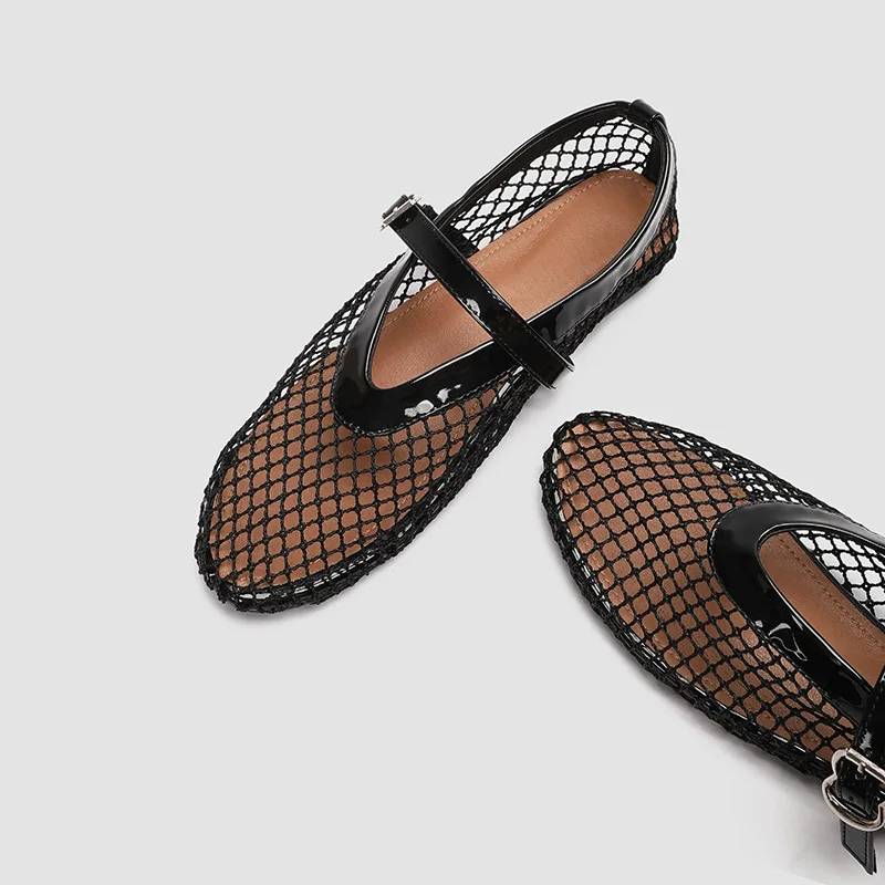 2026 New Fashion Fishnet Mary Jane Flats Women Black Breathable Mesh Sandals Ballet Shoes Flats Lady Casual Dress Shoes Summer