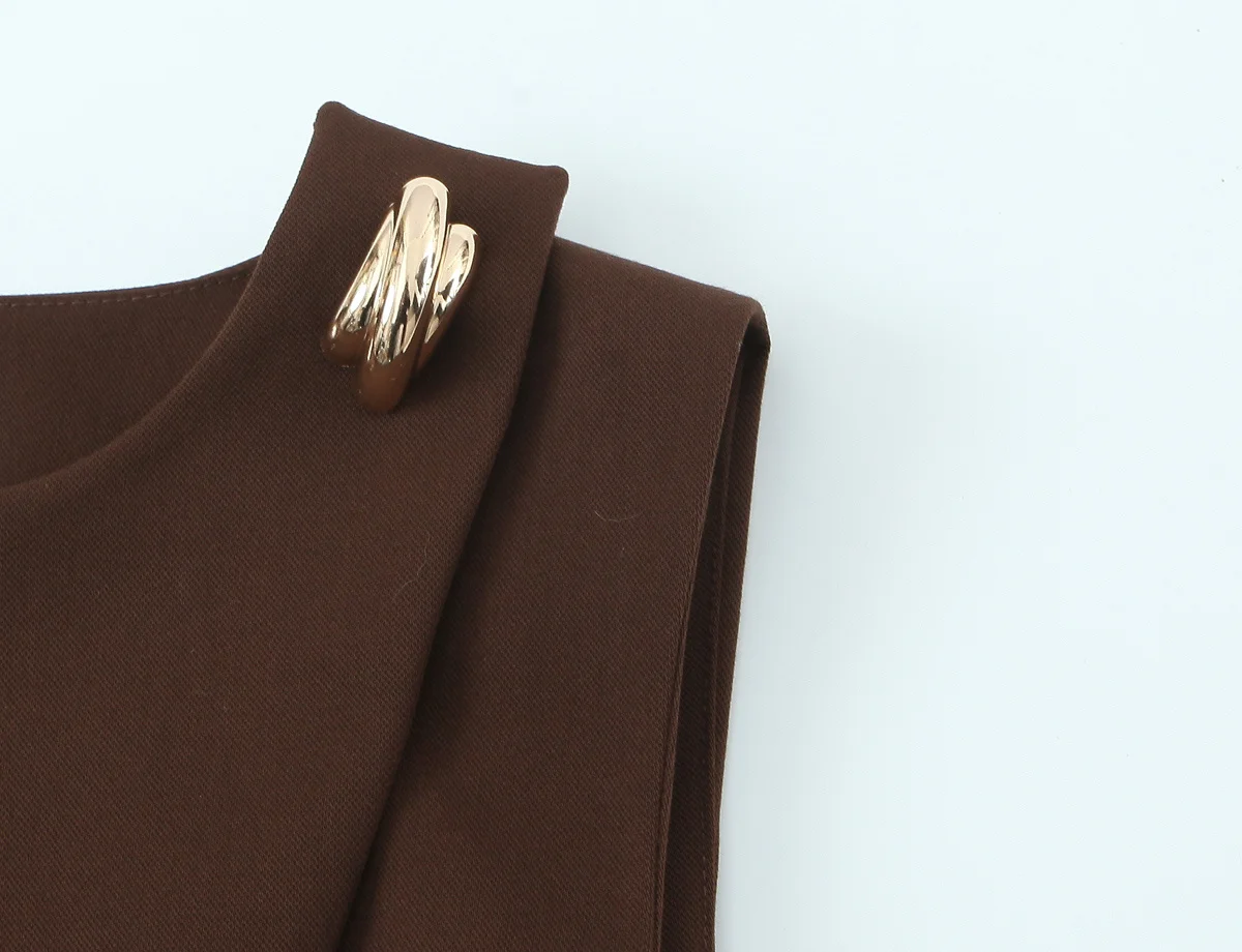 Women's Brown Sleeveless Vest Top Round Neck Asymmetric Wrap Belted Waist Blouse with Gold Decor Elegant Office Workwear
