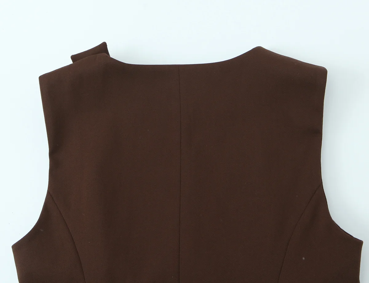 Women's Brown Sleeveless Vest Top Round Neck Asymmetric Wrap Belted Waist Blouse with Gold Decor Elegant Office Workwear