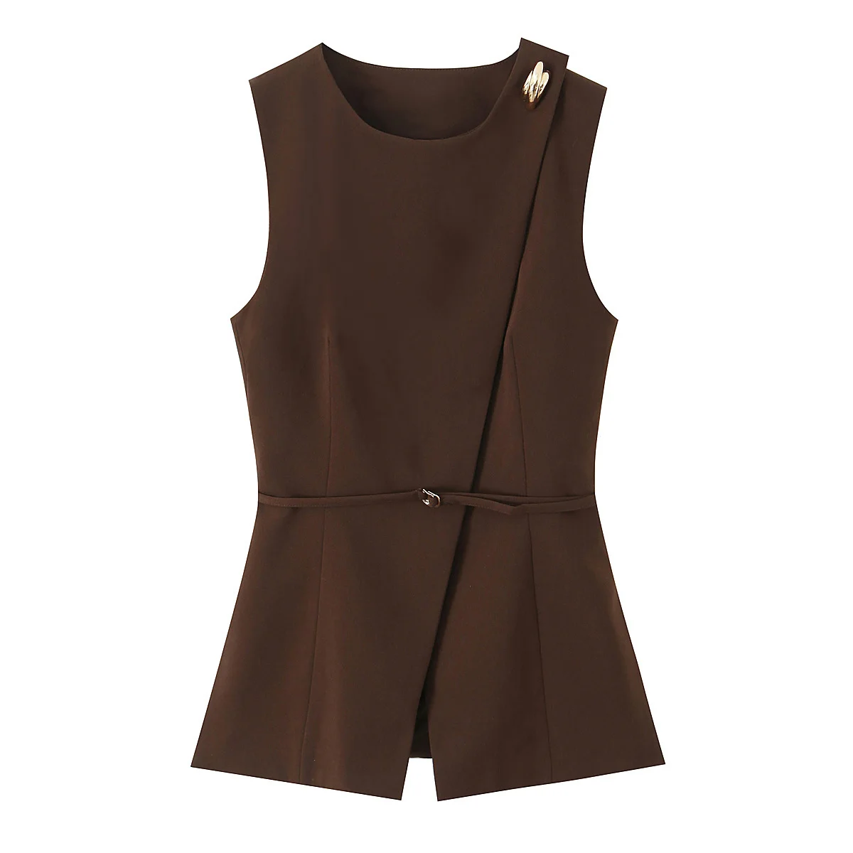Women's Brown Sleeveless Vest Top Round Neck Asymmetric Wrap Belted Waist Blouse with Gold Decor Elegant Office Workwear