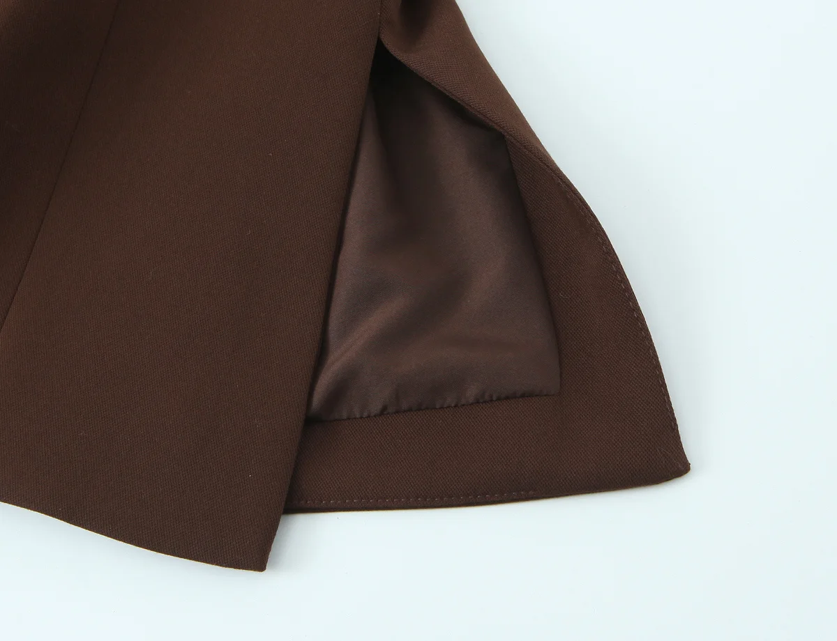Women's Brown Sleeveless Vest Top Round Neck Asymmetric Wrap Belted Waist Blouse with Gold Decor Elegant Office Workwear
