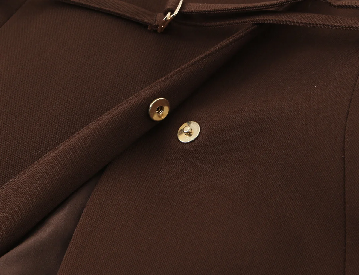 Women's Brown Sleeveless Vest Top Round Neck Asymmetric Wrap Belted Waist Blouse with Gold Decor Elegant Office Workwear