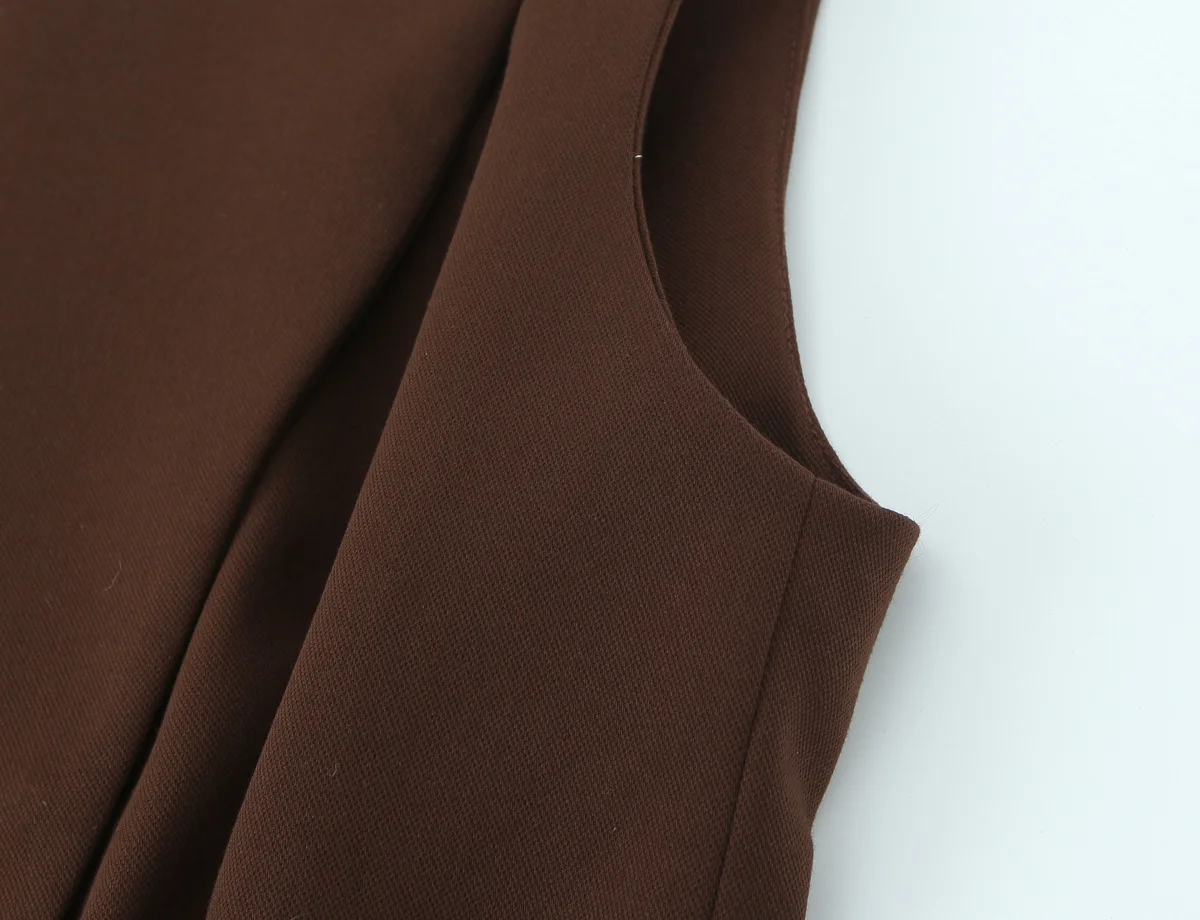 Women's Brown Sleeveless Vest Top Round Neck Asymmetric Wrap Belted Waist Blouse with Gold Decor Elegant Office Workwear