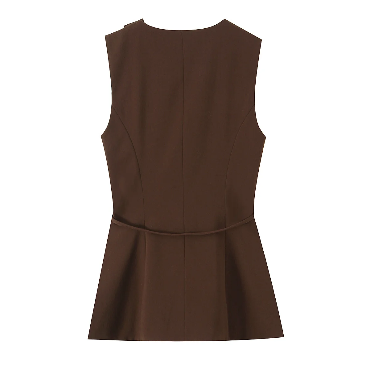 Women's Brown Sleeveless Vest Top Round Neck Asymmetric Wrap Belted Waist Blouse with Gold Decor Elegant Office Workwear