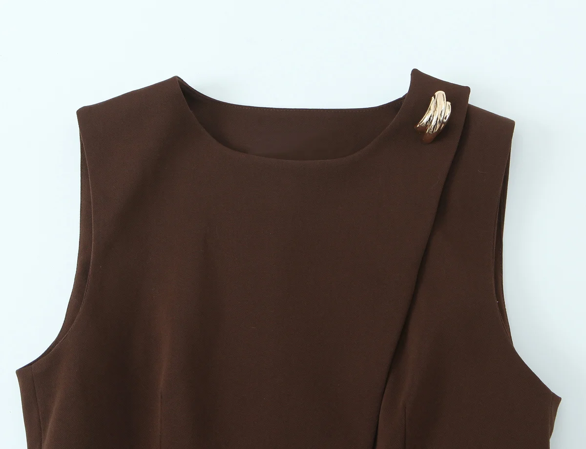 Women's Brown Sleeveless Vest Top Round Neck Asymmetric Wrap Belted Waist Blouse with Gold Decor Elegant Office Workwear