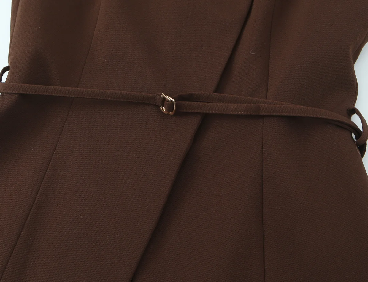 Women's Brown Sleeveless Vest Top Round Neck Asymmetric Wrap Belted Waist Blouse with Gold Decor Elegant Office Workwear