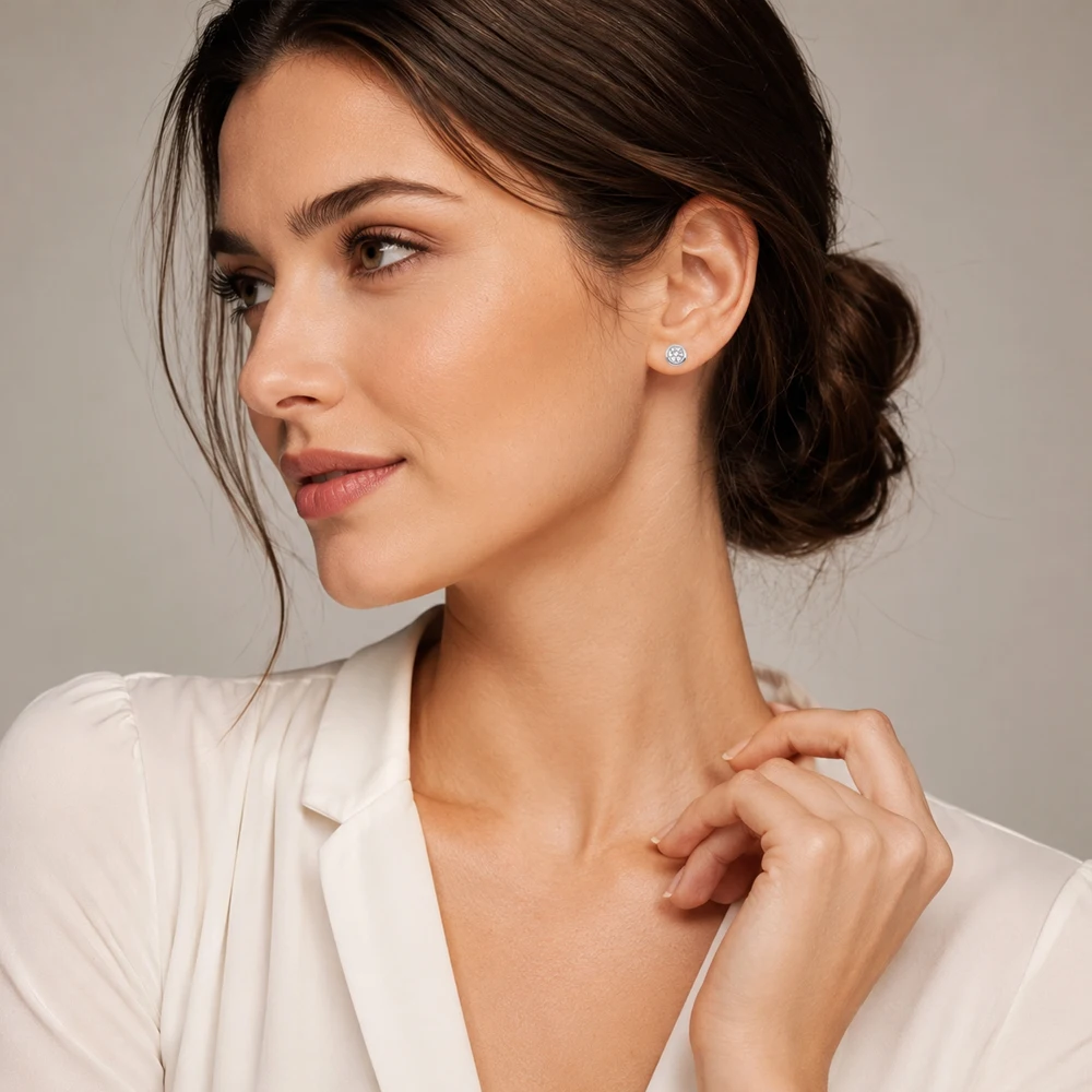 Glam Round White Stone Ear Stud Earring Europe Style Fine Jewerly For Women Classic Gift In Pure 925 Sterling Silver