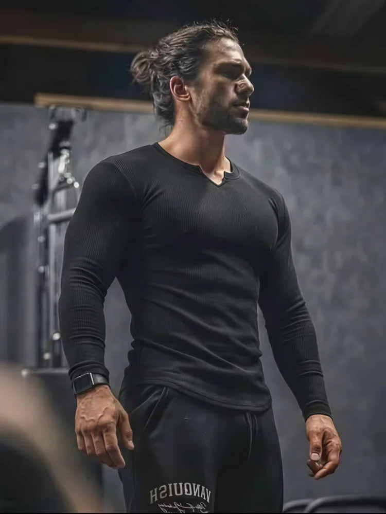 Men's Fashion Fitness Sports Long Sleeve T-Shirt Retro Outdoor Home V-Neck Spring Summer Gym Fitted Clothing