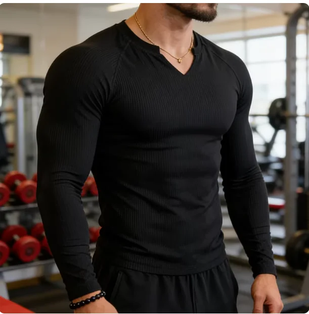 Men's Fashion Fitness Sports Long Sleeve T-Shirt Retro Outdoor Home V-Neck Spring Summer Gym Fitted Clothing