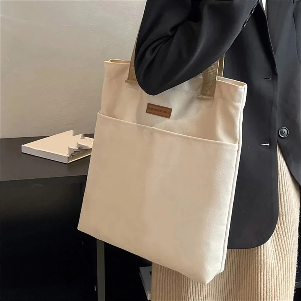 Women's Large Capacity Canvas Tote Bag with Sewing Thread Convenient Practical Commuter Handbag Advanced Sense Female's Bag