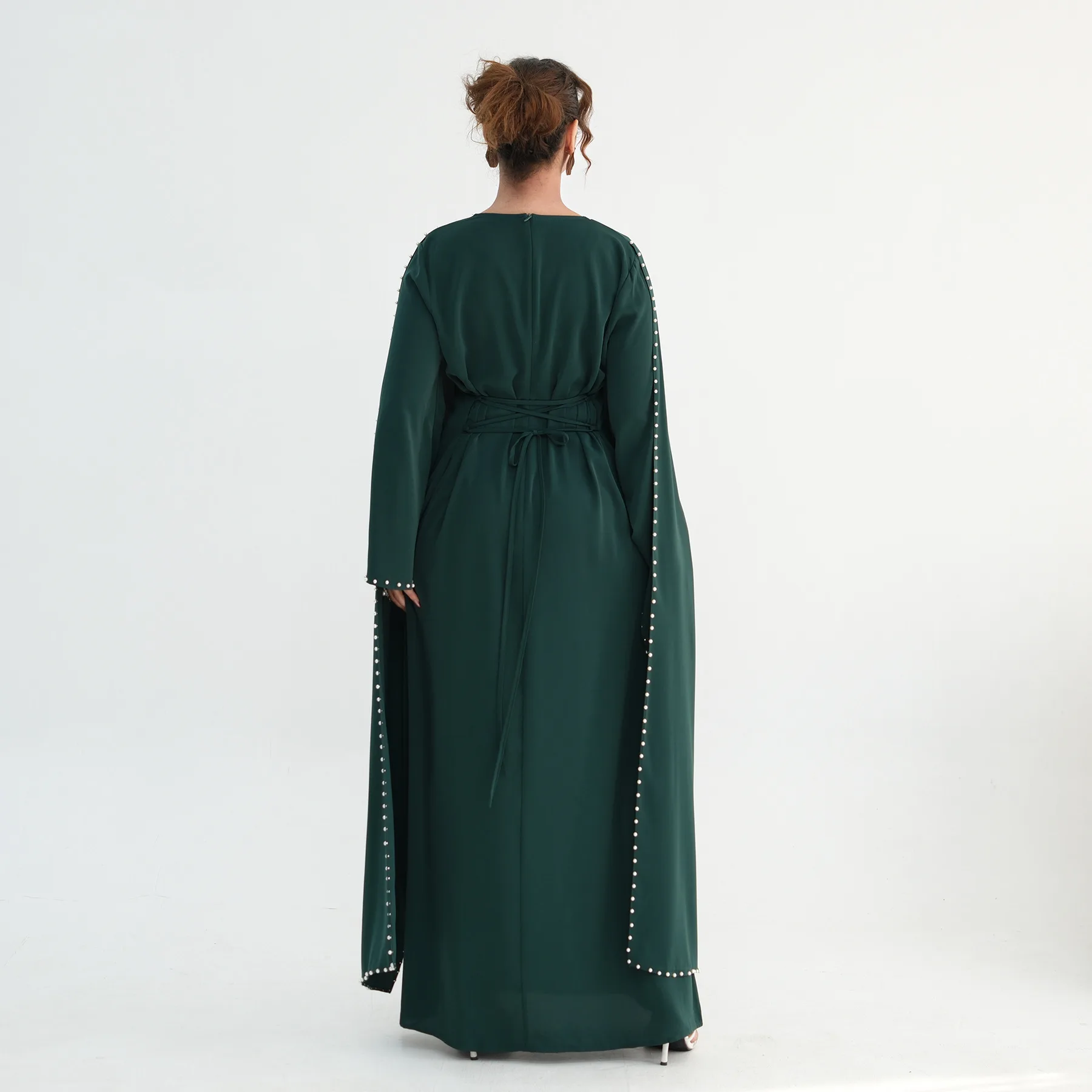 Luxury Dubai Shawl Abaya Elegant Beaded Waist Cinching Kaftan Muslim Women Traditional Dress Maxi Long Sleeve Robe Eid Outfit