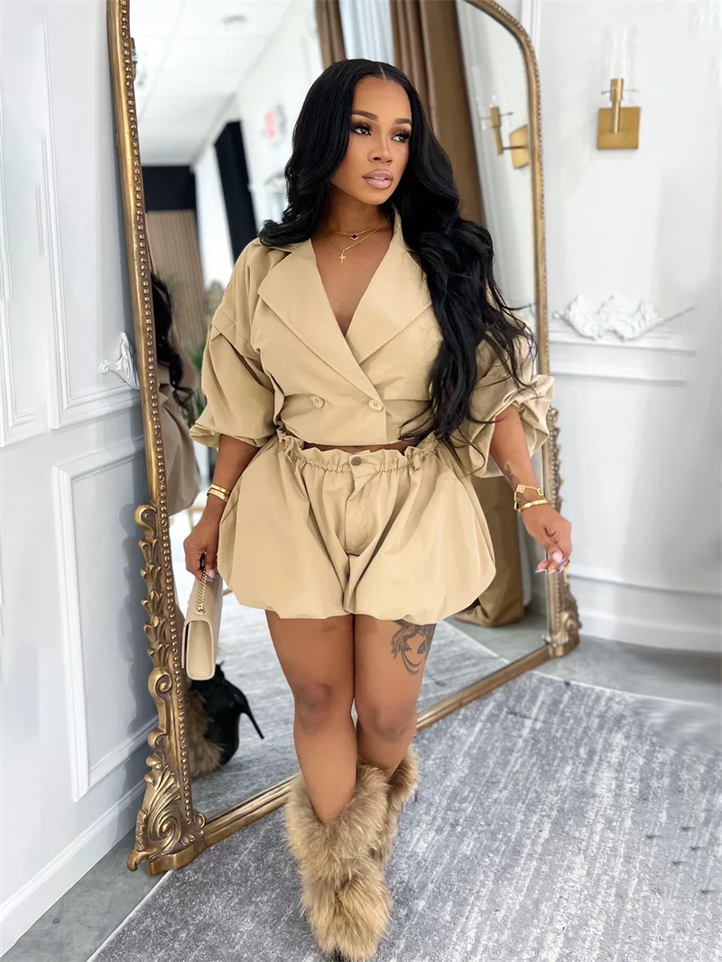 Doyerl Streetwear 2 Pieces Set for Woman Clothing Club Party Notched Collar Double-breasted Jacket Coat and Shorts Sets Ensemble
