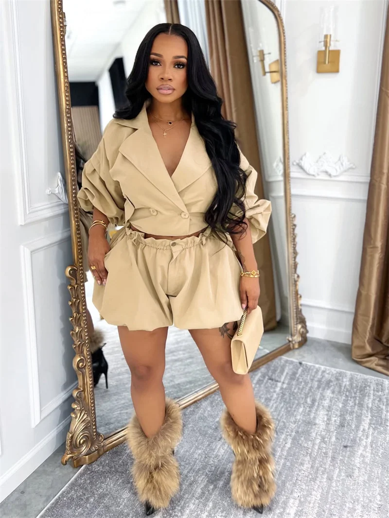 Doyerl Streetwear 2 Pieces Set for Woman Clothing Club Party Notched Collar Double-breasted Jacket Coat and Shorts Sets Ensemble
