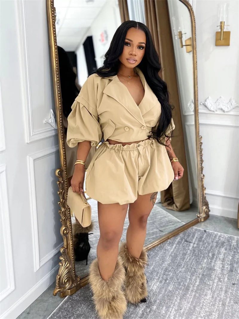 Doyerl Streetwear 2 Pieces Set for Woman Clothing Club Party Notched Collar Double-breasted Jacket Coat and Shorts Sets Ensemble