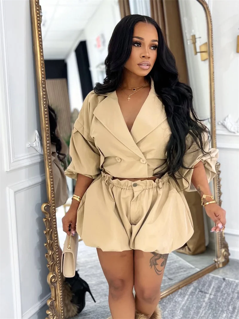 Doyerl Streetwear 2 Pieces Set for Woman Clothing Club Party Notched Collar Double-breasted Jacket Coat and Shorts Sets Ensemble