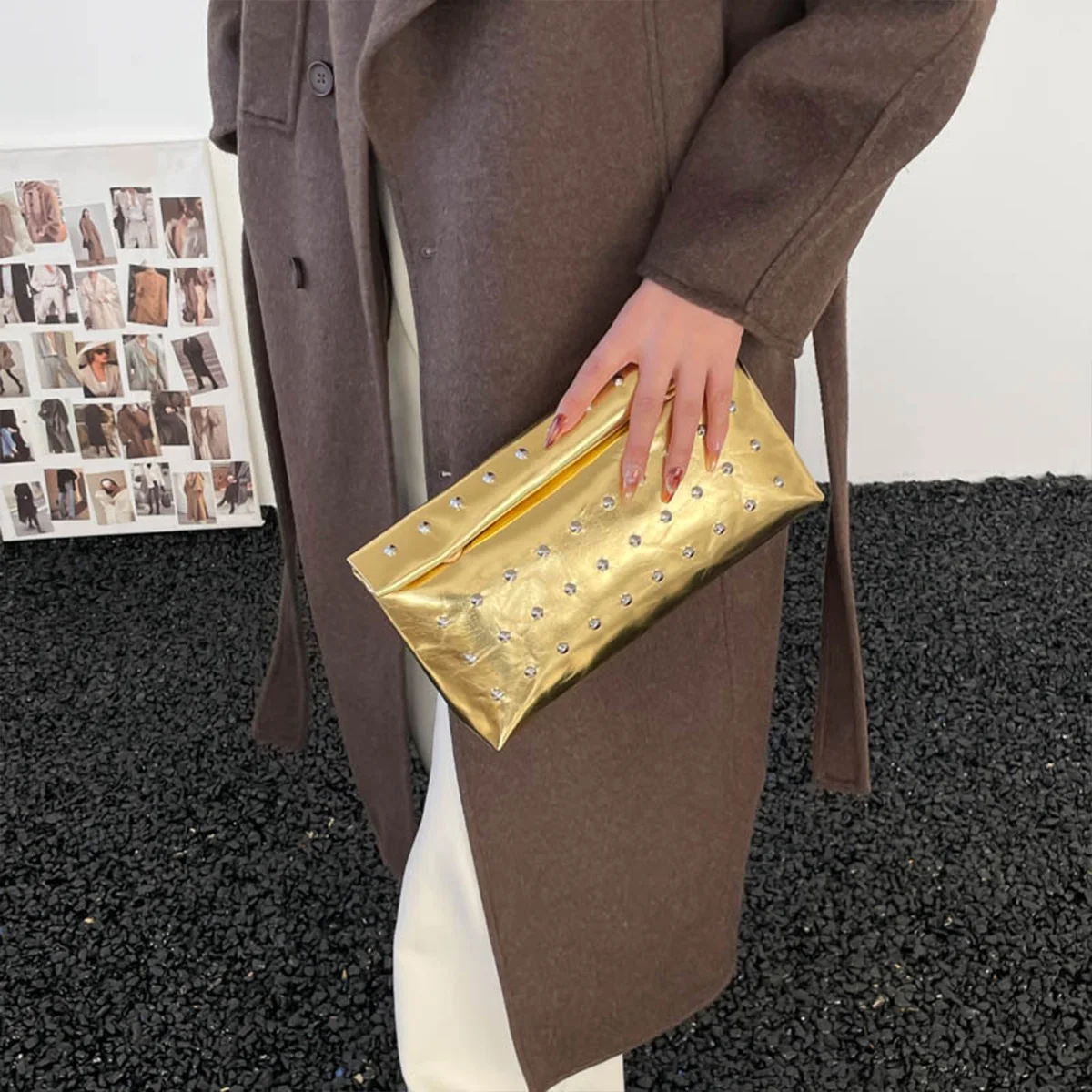 Light Luxury Clutch Bag Glitter PU Leather Evening Bag Rivet Solid Color Handbag For Banquet Dance
