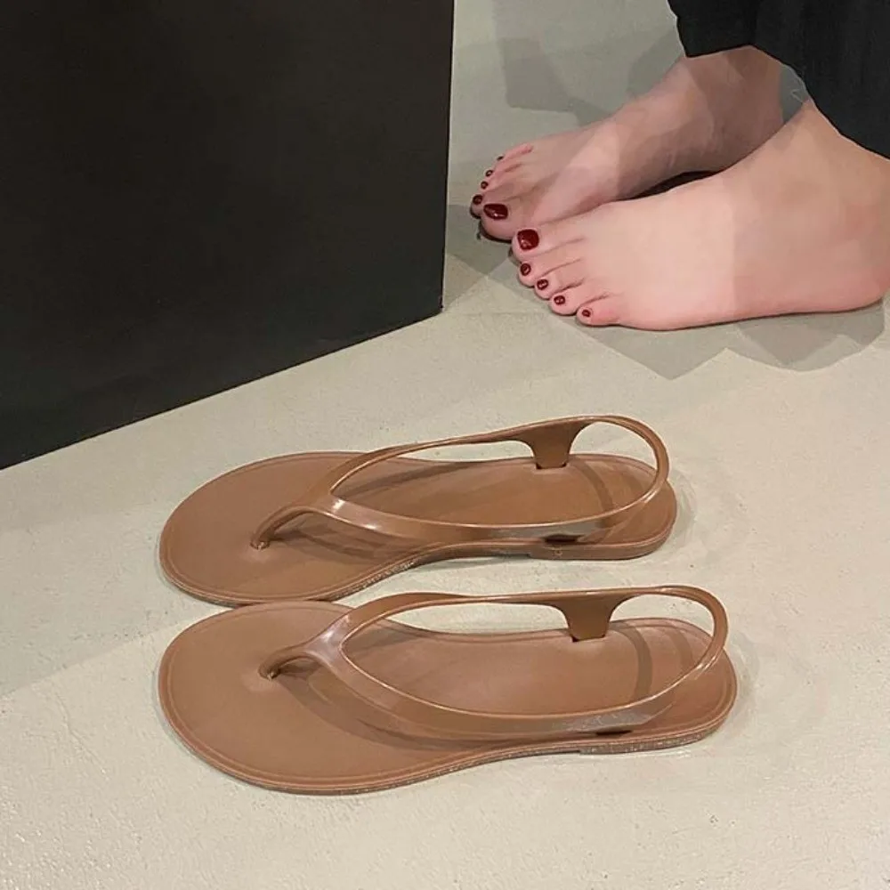 PVC Women Flat Sandals Spring Summer Solid Color Girl Flip Flop with Back Heel Strap Out Wear Korean Style Slippers Outdoor