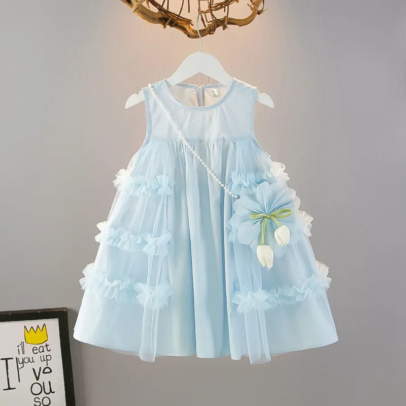 Girls' Dress Summer Blue New Style Fashionable Little Girl Princess Dress Summer Children's Dress Baby Vest Dress