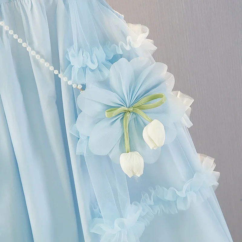 Girls' Dress Summer Blue New Style Fashionable Little Girl Princess Dress Summer Children's Dress Baby Vest Dress