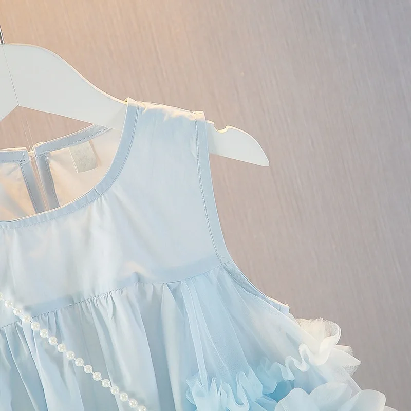 Girls' Dress Summer Blue New Style Fashionable Little Girl Princess Dress Summer Children's Dress Baby Vest Dress