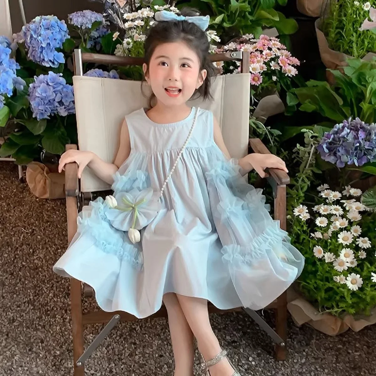 Girls' Dress Summer Blue New Style Fashionable Little Girl Princess Dress Summer Children's Dress Baby Vest Dress