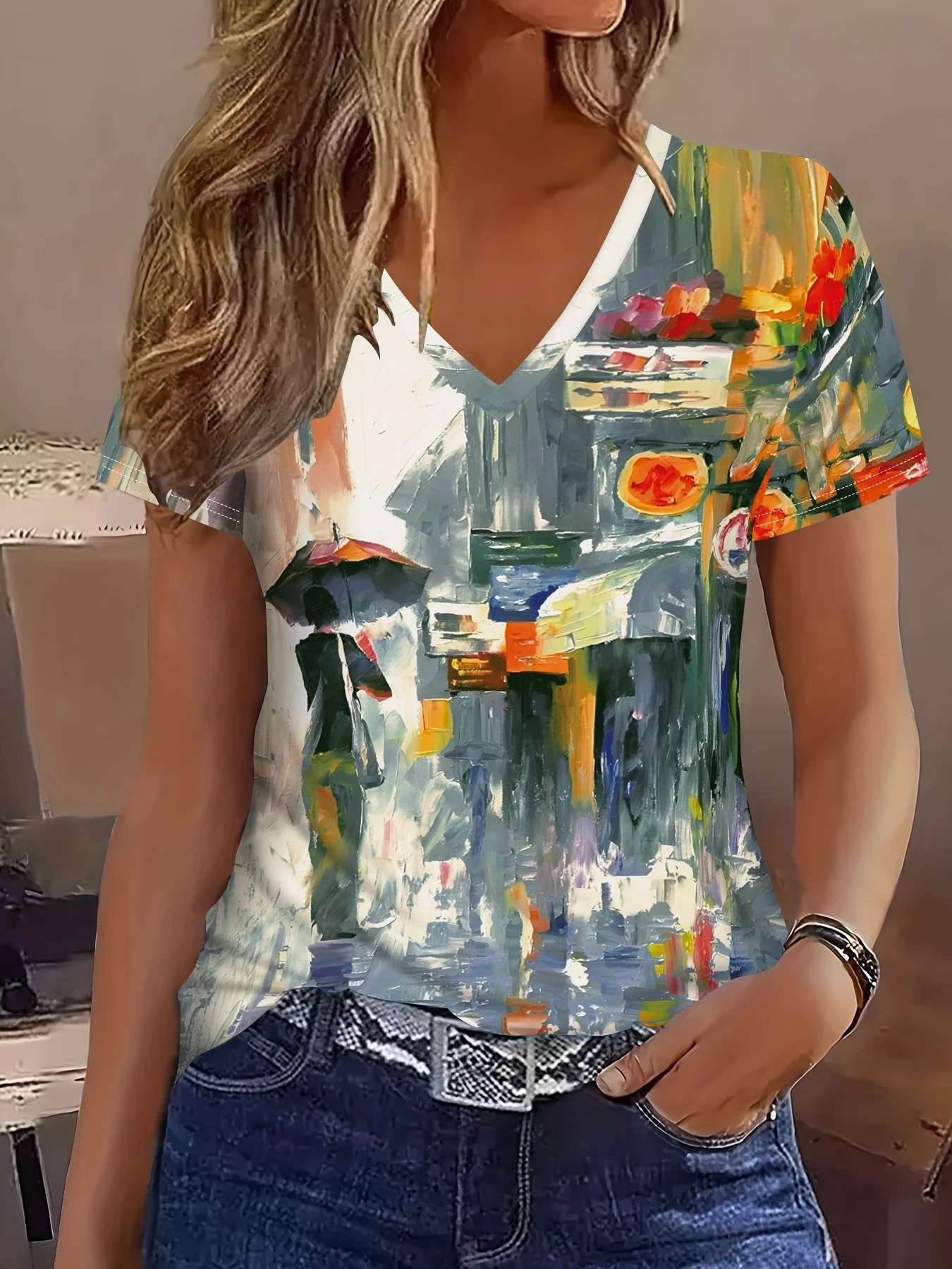 Healing Playful Cat Print Casual T Shirt V Neck Short Sleeve Tee For Women Summer Holiday Travel And Daily Outfits