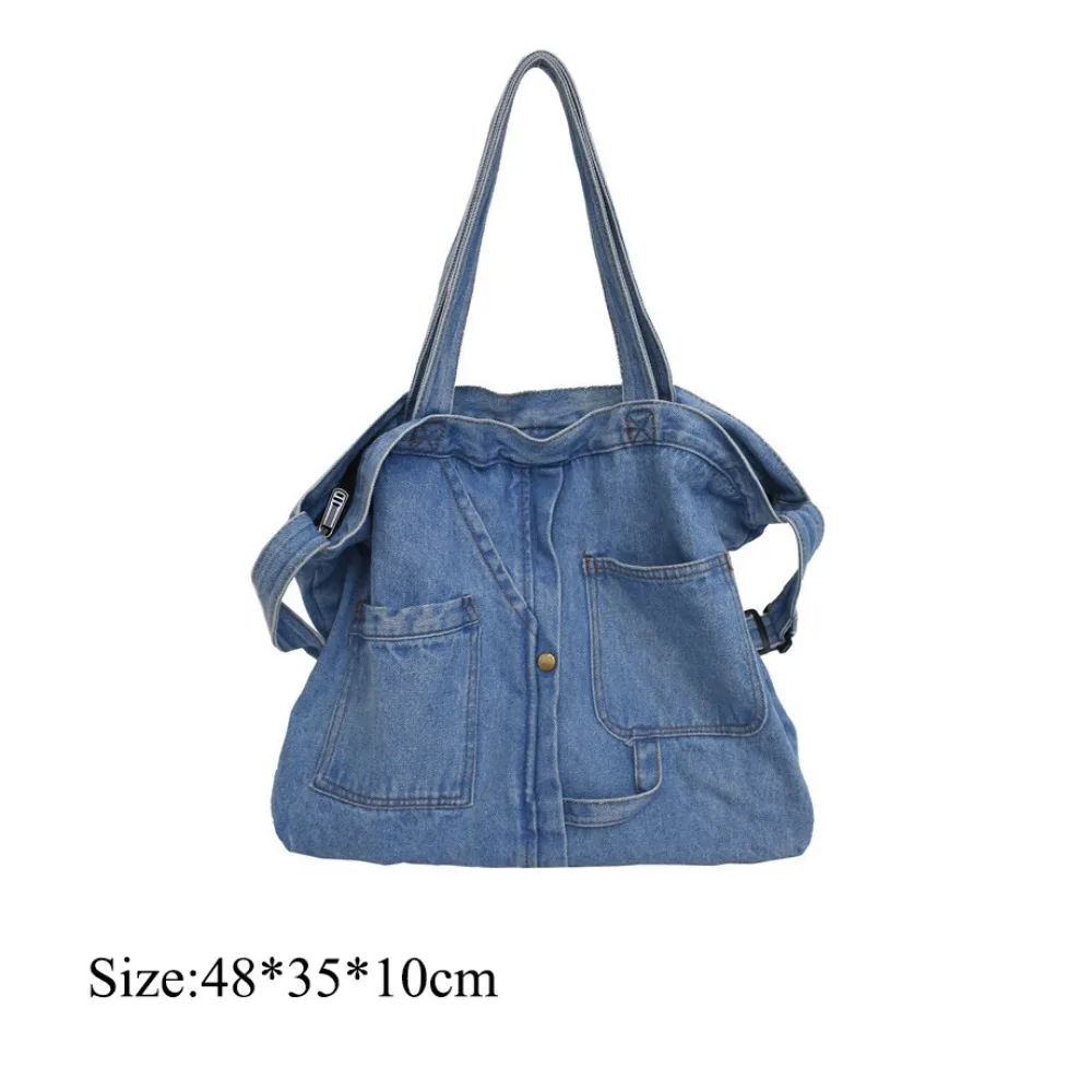 Portable Denim Cloth Casual Handbag Square Shape Blue Shoulder Bag Zipper Shopping Bag Unisex