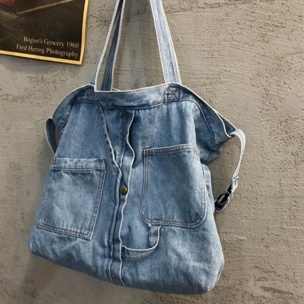Portable Denim Cloth Casual Handbag Square Shape Blue Shoulder Bag Zipper Shopping Bag Unisex