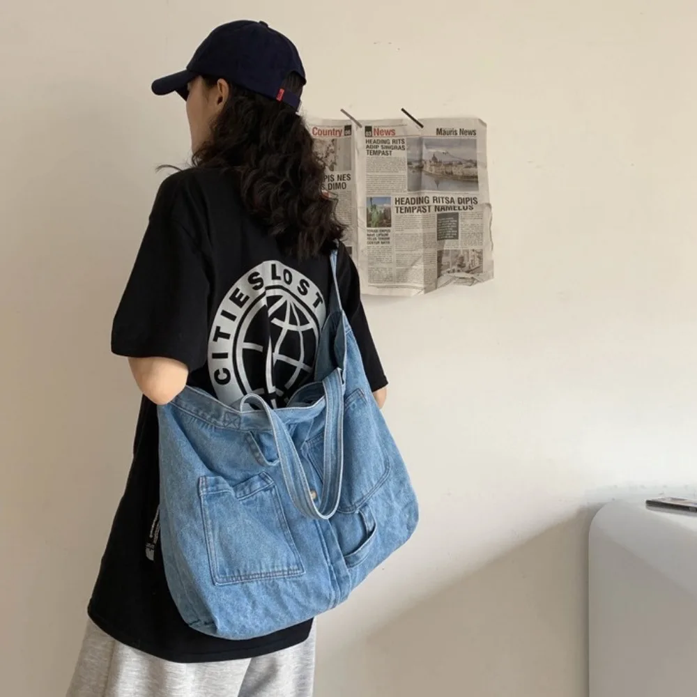 Portable Denim Cloth Casual Handbag Square Shape Blue Shoulder Bag Zipper Shopping Bag Unisex
