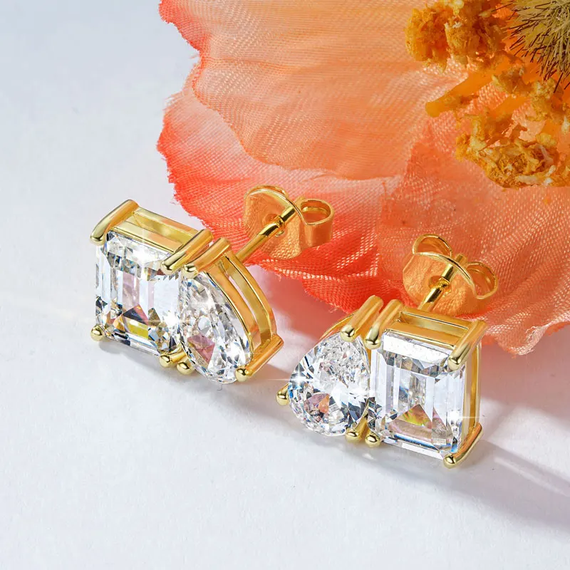 Lnngy Transparent Emerald & Pear Cut Cublic Zircon Earrings for Women Exquisite Two Stone Design Stud Earring Delicate Jewelry