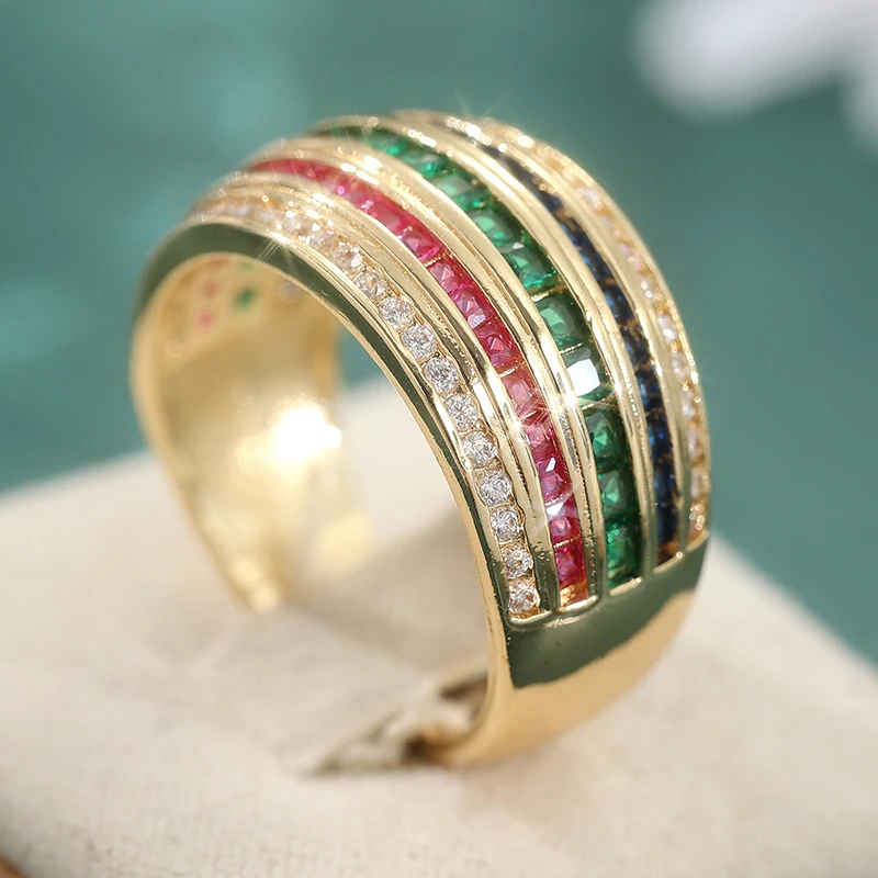 Luxury Geometry MultiLayer Colored Synthetic Zirconia Wide Ring for Women Fashion Sparkling Banquet Festival Jewelry Accessories