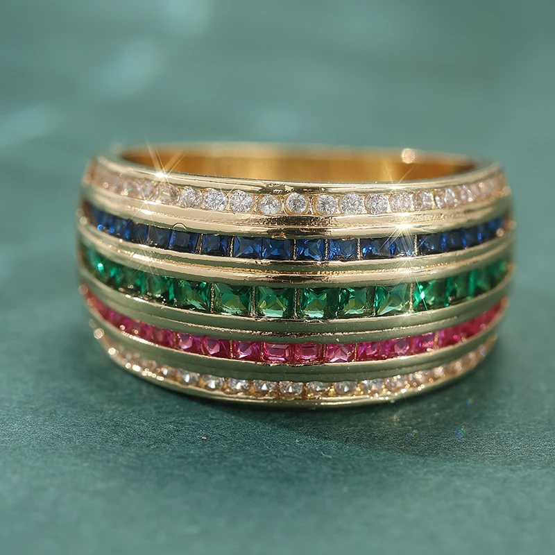 Luxury Geometry MultiLayer Colored Synthetic Zirconia Wide Ring for Women Fashion Sparkling Banquet Festival Jewelry Accessories