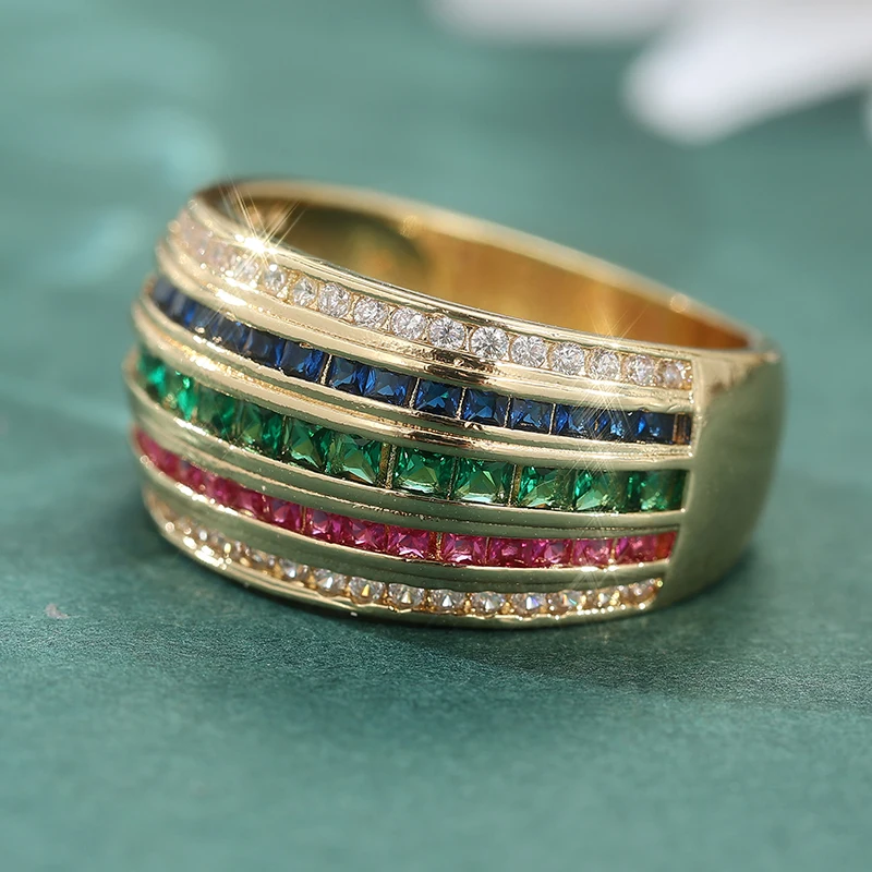 Luxury Geometry MultiLayer Colored Synthetic Zirconia Wide Ring for Women Fashion Sparkling Banquet Festival Jewelry Accessories