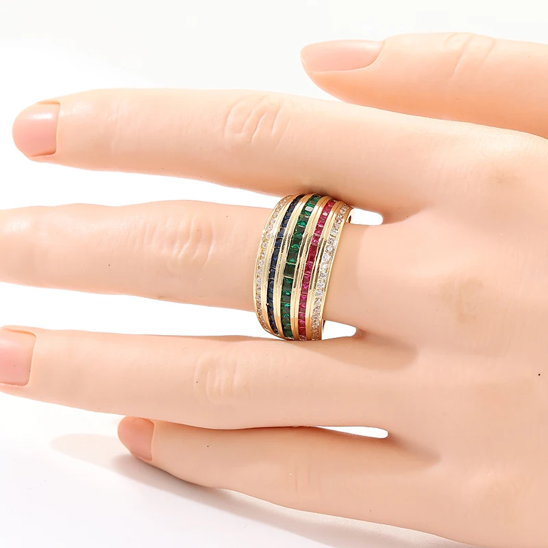 Luxury Geometry MultiLayer Colored Synthetic Zirconia Wide Ring for Women Fashion Sparkling Banquet Festival Jewelry Accessories