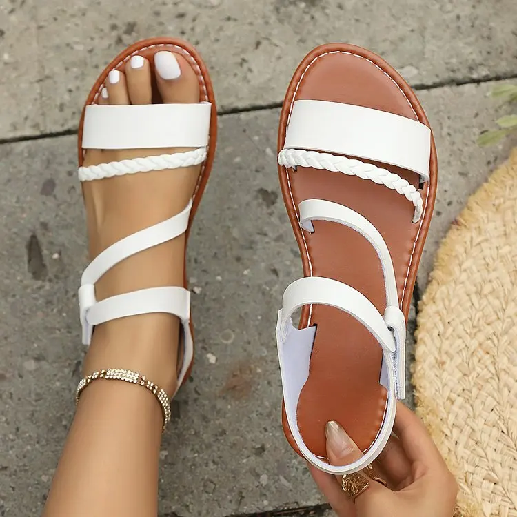 Casual Women's Braided Strap Flat Sandals Open Toe Comfort White Summer Beach Shoes Large Size